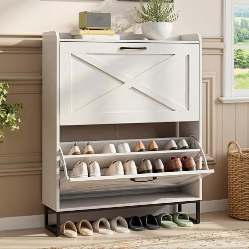 BonVache Rustic Shoe Cabinet 80cm Width for Hallway, White Shoes Cabinet with 2 Drawer Can Storage 16-20 Pairs of Shoes, Wooden Shoe Rack Fold for Entryway Living Room