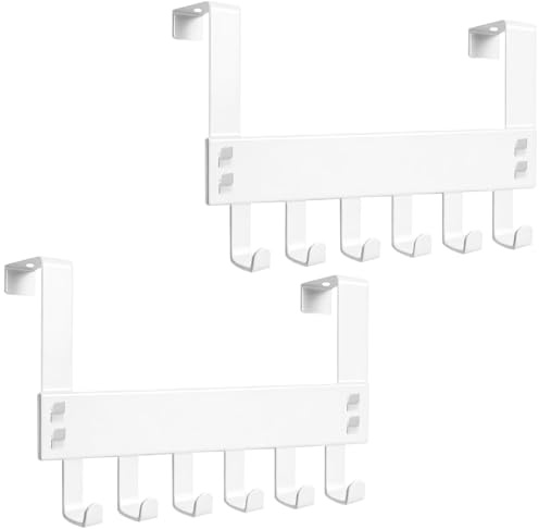 pangutheos Over Door Hooks, 2 Pack Heavy Duty Over Door Hanger with Rust Resistant, 6 Hooks Stainless Steel Door Coat Hanger Storage for Outerwear, Towels, Bags, Bathrobes (White)