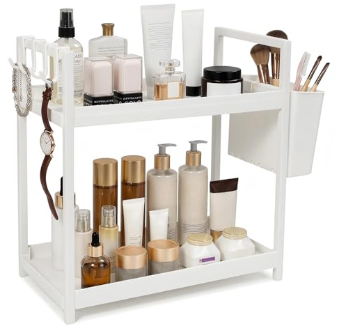Rkixlix Estante Baño Dos Niveles Organizador Encimera Cocina Blanco Soporte Maquillaje Cosméticos Acero y PP Baldas con Bordes Elevados Anticaídas Cesta 4 Ganchos, 30x30x17cm Estantería Pequeña Baño