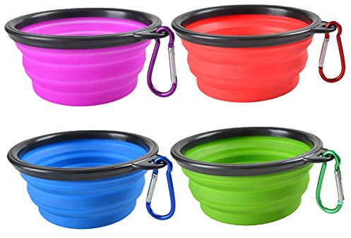 MOACC 4 Stück Faltbarer Silikon Hundenapf, Faltbar Reisenapf Napf für Hunde und Katzen, Auslaufsichere Hundenapf mit Bergsteigschnalle für Wasser und Futter(400ml, Blau,Grün,Lila und Rot)