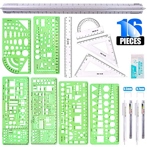 Glarks Lot de 16 gabarits de mesure pour coffrage de construction règles de dessin géométriques et règles triangulaires d'architecte avec crayon recharges de mine de crayon gomme pour bureau et école