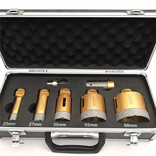 SHDIATOOL - Kit di punte per trapano diamantate con scatola 20/27/35/55/68 mm e un adattatore da 20 mm, per piastrelle in porcellana, granito, marmo, set da 7