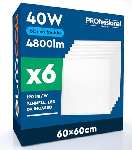 6 Pannelli LED 60x60 40W Quadrati da Incasso 4800 Lumen - Luce Fredda 6500K - Plafoniera da Ufficio Alta Luminosità 120 lm/W Lampada da Soffitto per Controsoffitti Modulari