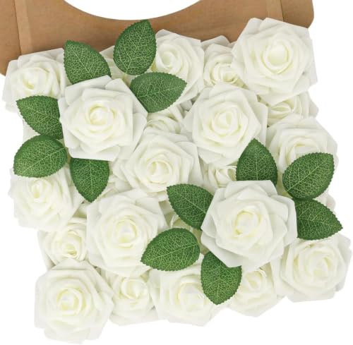N&T NIETING Konstgjorda blommor, rosor, 25 stycken dekorativa blommor, falska rosor med stjälkar, konstgjorda skumrosor, dekoration för gör-det-själv bröllop, arrangemang, fest, heminredning,