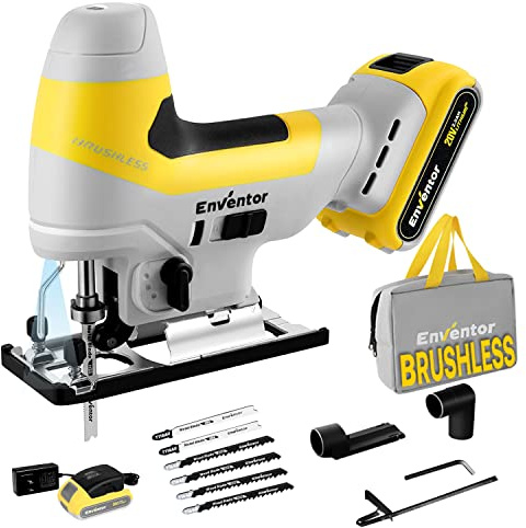 Brushless Jig Saw, ENVENTOR 20V Cordless Jigsaw Tool with LED Light, 3000SPM, 6 Variable Speeds, 4 Orbital Sets, Bevel Cutting ±45°, 6Pcs Blades for Wood, Metal and Plastic
