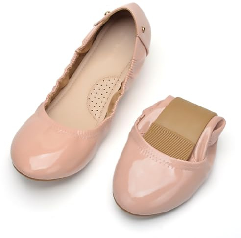 Dernolsea Womens Ballet Flats, Faux Leather Round Toe Elastic Foldable Slip On Flat Pumps Dolly Ballerina Shoes Pink Size 4