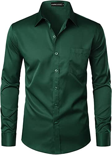 PARKLEES Chemise boutonnée élégante à coupe ajustée, manches longues et poche, style urbain, décontracté ou affaires, pour hommes, vert foncé, XL
