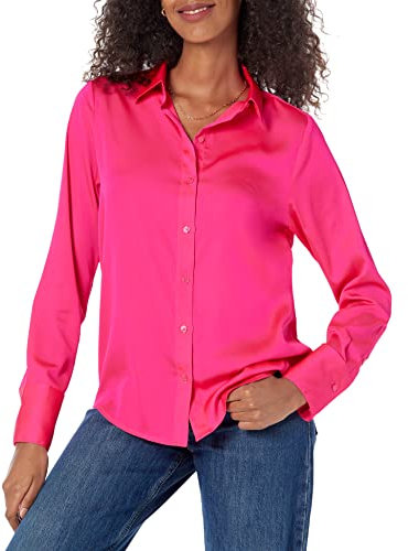 Amazon Essentials Damen Regular-Fit Satinbluse Knopfleiste (In Übergröße Erhältlich), Neonrosa, S