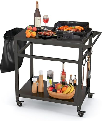 GOPLUS Grillvagn, grillbord utomhus med handtag, 2 hyllor, krokar och rullar, multifunktionell pizzatisk, rörlig, BBQ serveringsvagn för utomhusbruk, bakgård, trädgård och uteplats