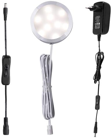 AIBOO 12V LED Schrankbeleuchtung 1 Stück, Unterbauleuchte Küche Plug in, mit manuellem Schalter, Vitrinenbeleuchtung für Kleiderschrank, Schrank, Regale, LED Rund Schrankleuchte Küchenlicht