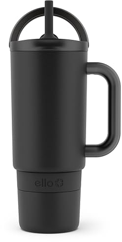Ello Port 30oz Tumbler with Carry Loop & Integrated Handle | Vacuum Insulated Stainless Steel Reusable Water Bottle Travel Mug | Leak Proof Lid | Flexible Straw | BPA-Free | Dishwasher Safe | Black