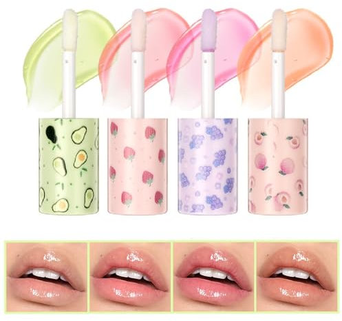 4er-Set feuchtigkeitsspendendes Lippenöl, Aufpolsternder Lipgloss mit Fruchtgeschmack, Langanhaltender Lippenbalsam, Lippenstift-Set für Mädchen und Frauen, Avocado, Erdbeere, Traube, Pfirsich