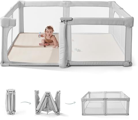 Doradotey Baby Playpen, Quick Setup Portable Baby Playard for Babies and Toddlers, Foldable Playpen Fence Indoors & Outdoor, Breathable Mesh Anti-Fall Play Pen 59x59, Grey