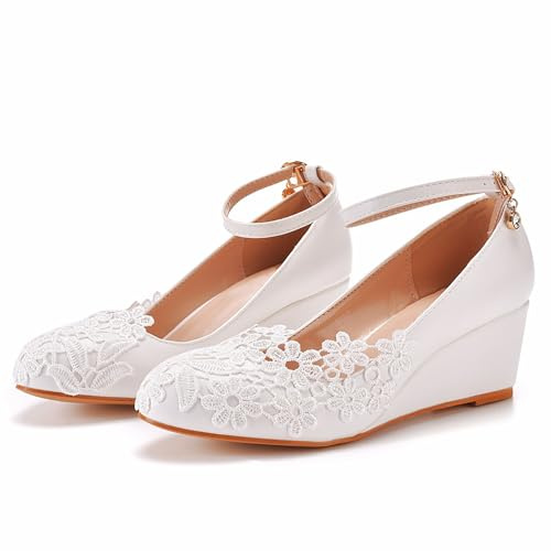 ABJGHYUT Zapatos de Boda de Encaje Blanco Zapatos de tacón de cuña Zapatos de Plataforma Zapatos de cuña de Punta Redonda Zapatos de tacón de cuña Zapatos de Novia,Blanca,37