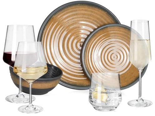 Vaisselle de camping en mélamine pour 4 personnes Stone Curry + 16 verres à eau Milano Verres à vin Verres à champagne Flûtes Vaisselle de table pique-nique BBQ Batterie de cuisine