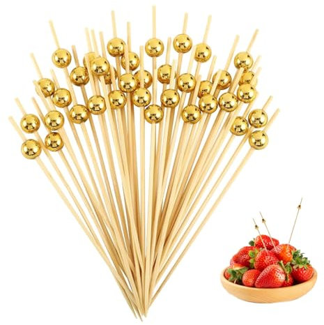 100 Stück Cocktailspieße,Spieße Fingerfood,Holz Spieße Fingerfood,Spiesse für Snacks Fingerfood,mit Gold Perle 12 cm,für Grillpartys,Fingerfood,Obstspieße,Vorspeisen，Weihnachts- und Karnevalsfeiern.