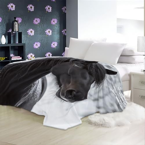 Manta Caballo Negro majestuoso con Estampado Animal Manta de Felpa para sofá, Manta de vellón Negro Decoración del hogar, Mantas de otoño e Invierno, Ropa de Cama para niños 180 X 200