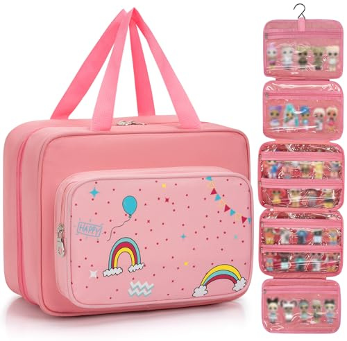 OUUTMEE Doll Carrying Case Compatible with LOL Surprise Dolls, Toy Hanging Organizer Storage Bag for Girls with a Hanging Hook and 7 Clear Zipper Pockets, Bag Only
