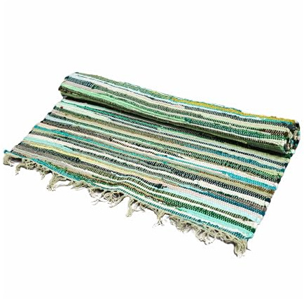 Buddha-Buddha Handmade Cotton Chindi Rug, 50 x 90 cm, Multi-Coloured Striped Pattern with Fringe (Natural Greens)