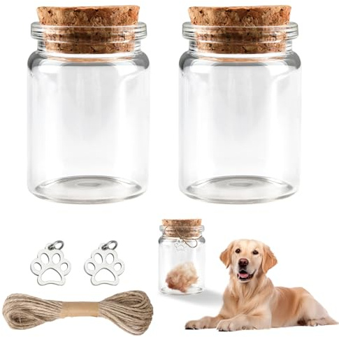 Pet Hair Memorial Bottle, 2 Pcs Pet Fur and Hair Keepsake Bottle, Preserve Precious Memories, Glass Keepsake Bottle with Dog Paw Pendant Remembrance for Dogs, Cats, Horses, Small Mammals (3.7cm x 5cm)