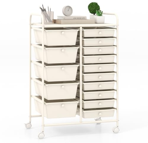 COSTWAY Chariot de Rangement à Roulette 15 Tiroirs en PP, Tour de Rangement avec Tablette, Cadre en Métal, Desserte Meuble Tiroir pour Cuisine, École (Beige)