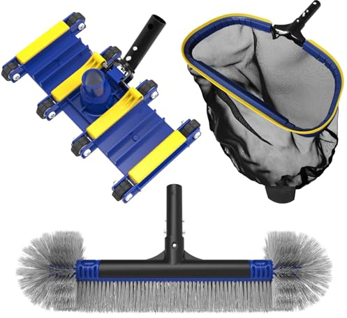 Poolvio Pool-Reinigungsset – Pool-Staubsaugerkopf mit Rädern, runder Scheuerbürste, Laubbesen Netz zur Reinigung von Blättern und Schmutz