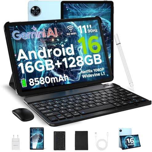 DOOGEE U11 Tablette Android 16, 11 Pouces Tablette avec Clavier, 16GB RAM+128GB ROM(2TB TF), T7200Octa-Core Tablette Tactile 90Hz, 8580mAh, Gemini AI,7,9 mm,Tablette Tactile 5G WiFi/Face ID