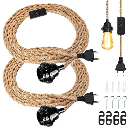 Hamparep pendellampa set – 2 stycken E27 lamputtag pendellampa med kontakt växlar, vintage lampkabel hängande lampa 4,5 m, gör-det-själv enkelt huvud, hängande lampa, kabel, rep för hem, kök, café