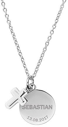 Gravado Collana da Bambina in Acciaio Inox con 2 Ciondoli Cerchio Croce - Personalizzata con Nome e Data - Scatola Regalo Inclusa - Catenina 50 cm
