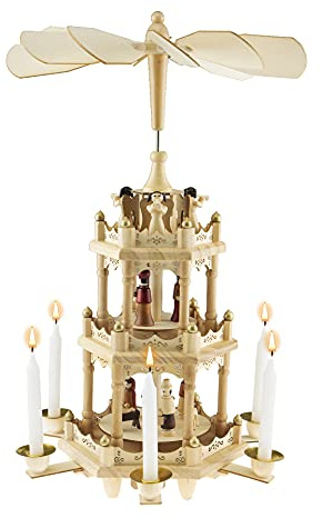 Clever Creations Beige Three Tier Carousel 18 Inch Traditional Wooden Christmas Pyramid Decoration, Festive Christmas Décor for Shelves and Tables