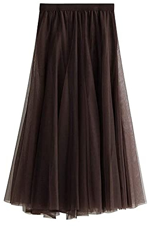YILEEGOO Women's Tulle Skirt Swing Tutu Skirts Pleated Long Maxi Skirts Chiffon Petticoat High Waist Midi Skirt Flowing Big Hem Maxi Skirts (Brown, Brown)