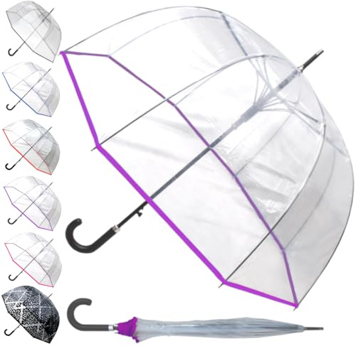 StormDefender Dome Automatic Clear Umbrella Windproof Dome Umbrella Strong | See Through Transparent Clear Plastic Canopy - Best for Visibility - Designer Fiberglass Men Women - Purple Trim