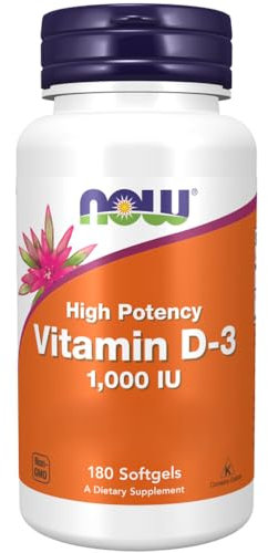 Now Foods Vitamin D3, 1000 IU, colecalciferolo, alto dosaggio, 180 Softgels, Testato in Laboratorio, Senza Soia, Senza Glutine, Non OGM