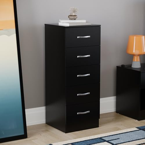 Vida Designs 5 Drawer Narrow Chest Tall Bedroom Storage Unit Sliding Drawers Bedroom Furniture (Black)