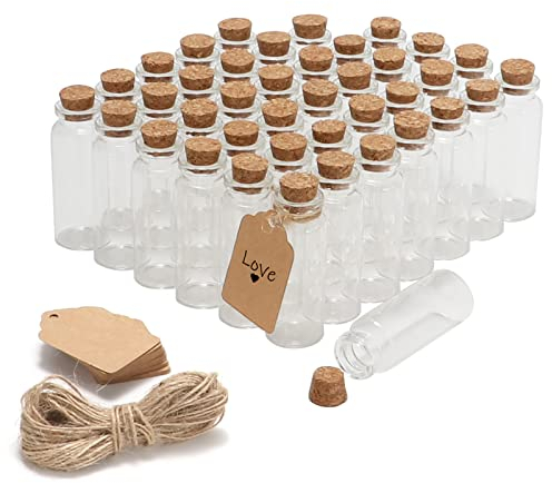 50 Pcs 20ml Mini Glass Bottles with Cork Stoppers, 29x64mm DIY Decoration Tiny Glass Jars, Mini Vials Cork, Message Wishing Bottle with Label Tags and String for Arts Crafts, Decoration, Party Favors