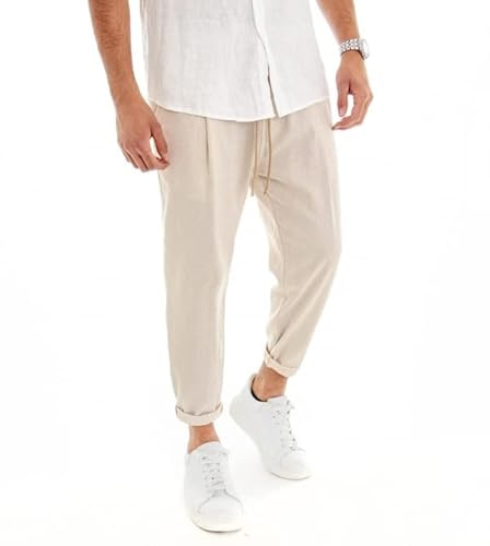 Giosal Pantalone Uomo Elastico Lino Tinta Unita Cavallo Basso Casual Vari Colori (Beige, L)
