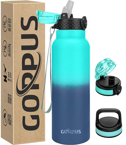 GOPPUS 750ml/24oz Borraccia Inossidabile con Cannuccia Borraccia per Acqua Termica Fredda Borracce in Acciaio a Doppia Parete Borracce Isolate a Tenuta Stagna per Adulti con 3 Coperchi