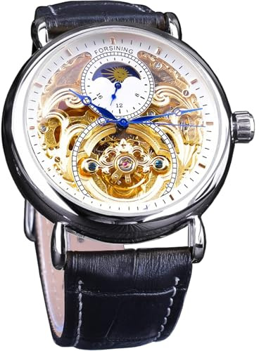 FORSINING Luxury Men's Watch with Moon Phase & Tourbillon, Retro Skeleton Hollow Self-Wind Mechanical Wristwatch, Leather Belt Automatic Movement Men Watches, Silver White