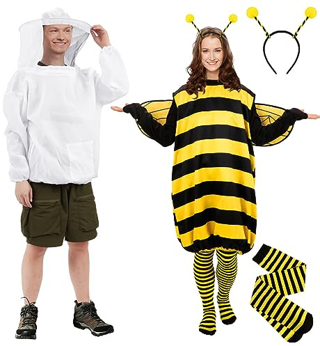 2 Sets Adult Bee Beekeeper Costume Halloween Bee Cosplay Suit Bee Dress with Wing Headband Sock Woman Beekeeper Jacket with Protective Veil Smock Hood Man for Halloween Bee Outfits Accessories,