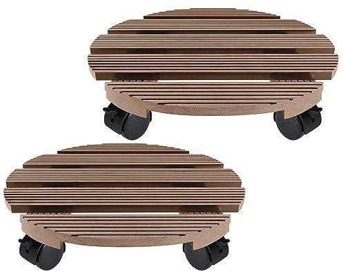 TRMLBE 2X WPC Pflanzenroller Außenbereich Ø30cm Blumenroller mit 360 ° Drehbare Rädern und Feststellern Rollbrett Pflanzen Rolluntersetzer für den außenbereich 100kg Tragkraft - Braun, Rund