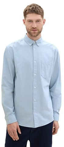 TOM TAILOR Herren Regular Fit Hemd mit Logo-Stickerei an der Brusttasche, 35960 - Light Blue Chambray, L