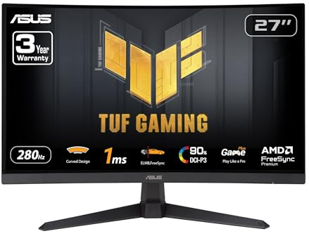 ASUS TUF Gaming 27” 1080P Curved Monitor (VG27VQM1B) – Full HD, 1500R, 280Hz, 1ms, Extreme Low Motion Blur, FreeSync Premium, Shadow Boost, Eye Care, 90% DCI-P3, DisplayWidget Center, 3 yr Warranty