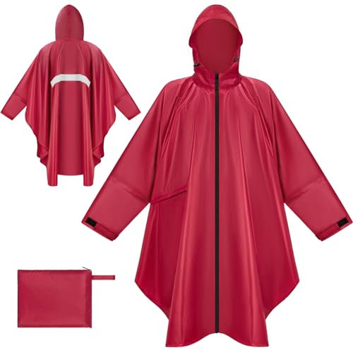 BTNEEU Regenponcho Damen Regencape Wasserdicht mit Reißverschluss Rain Poncho Festival Wiederverwendbar Regenmantel mit Kapuze und Ärmeln Regenjacke Fahrrad Lang für Wandern Camping Draussen (Rot)
