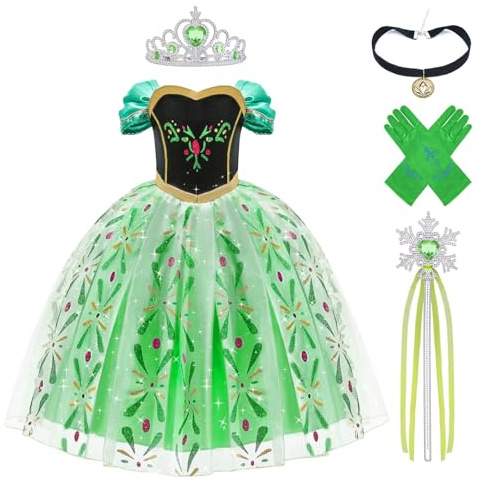 Aomig kostym, 5 st Princess Dress Up för tjejer, Princess kostym med Fairy Wand, Crown Tiara, Handskar, Halsband, Fancy Dress för Cosplay Party Halloween Jul Rollspel Maskerad