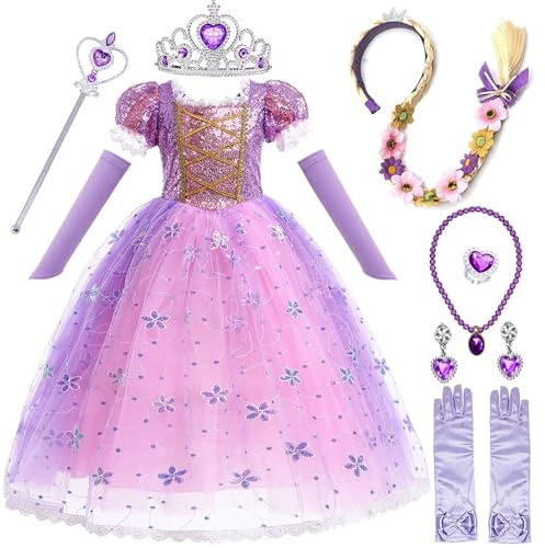 Flicka prinsessklänning Rapunzel Rapunzel kostym barn kostym med 8 tillbehör Rapunzel födelsedagsfest fest halloween jul fest karneval cosplay festklänning 9–10 år, 140