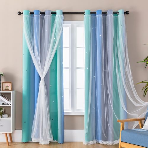 XiDi Vorhänge Kinderzimmer 132 × 183 cm für Kinderzimmer Erwachsene Vorhänge Schatten mit Türdekoration aus transparentem Glas Sterne Geschnittene Vorhänge Ring