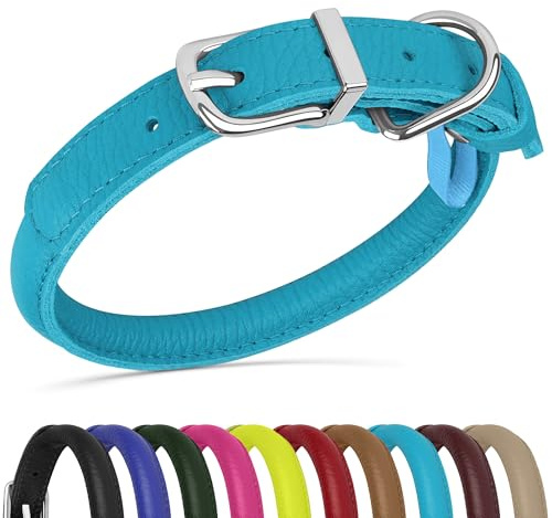 OOPSDOGGY Hundehalsband aus gerolltem Leder, weich, für kleine, mittelgroße und große Hunde, Welpen, Hellblau, Größe XXS, 17,8 - 22,9 cm
