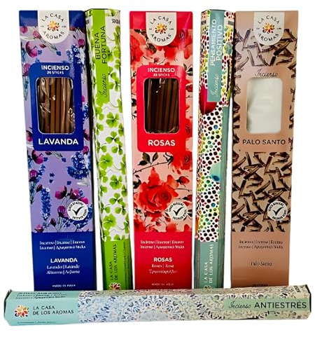 120 Inciensos Naturales para Aromaterapia – Pack 6 Fragancias: Lavanda, Rosas, Palo Santo, Antiestrés, Buena Fortuna, Pensamiento Positivo – Bienestar y Energía Positiva - Bolsa Antihumedad
