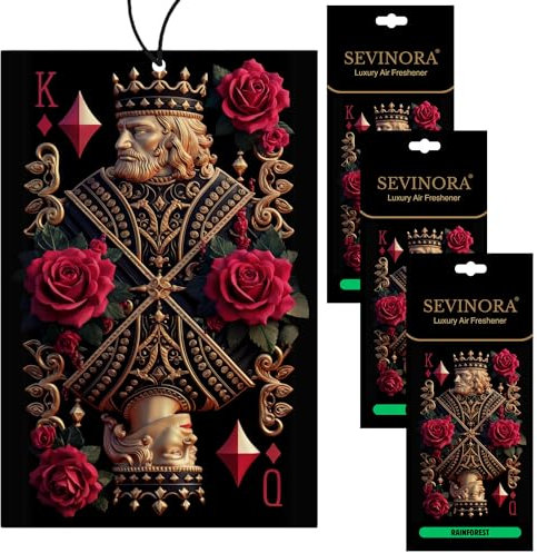 Duftbaum Auto Lufterfrischer – King & Queen Rose Pokerkarten Design mit Rainforest Duft – Hochwertiger Duftanhänger schwarz für Innenraum Tuning – 3er Pack