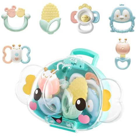 Auby Hochet Anneau de Dentition Lot de 6 avec Boîte Cadeau - Jouet Bébé en TPE Résistant à la Chaleur